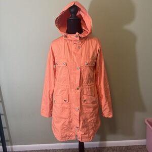 Versace Jeans Couture Raincoat Orange With Hood Silver Buttons Women's Size 2